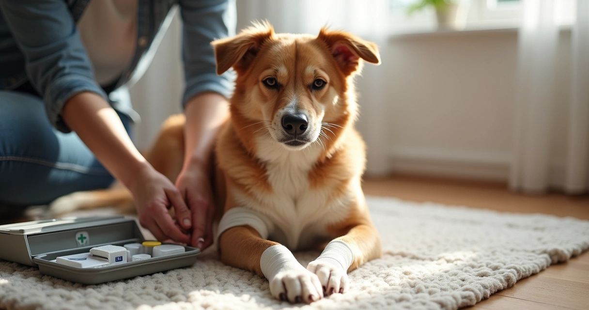 Dog receiving first aid treatment for a paw injury with a person gently wrapping a bandage 
