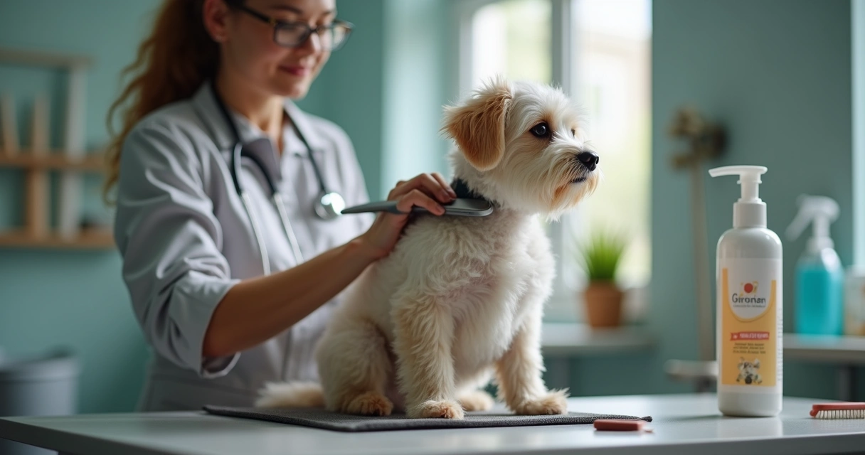 Groomer brushing dog carefully to check for skin allergies, with grooming tools visible nearby