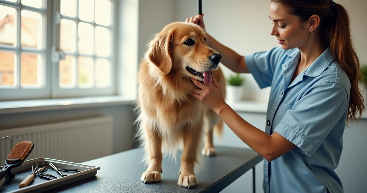 Dog groomer brushing a golden retriever carefully to avoid mats and tangles 