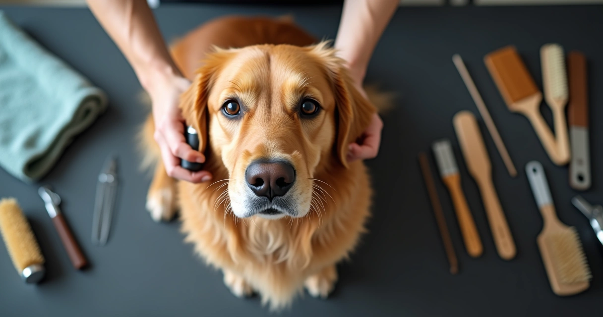 Dog being brushed with grooming tools on a grooming table 