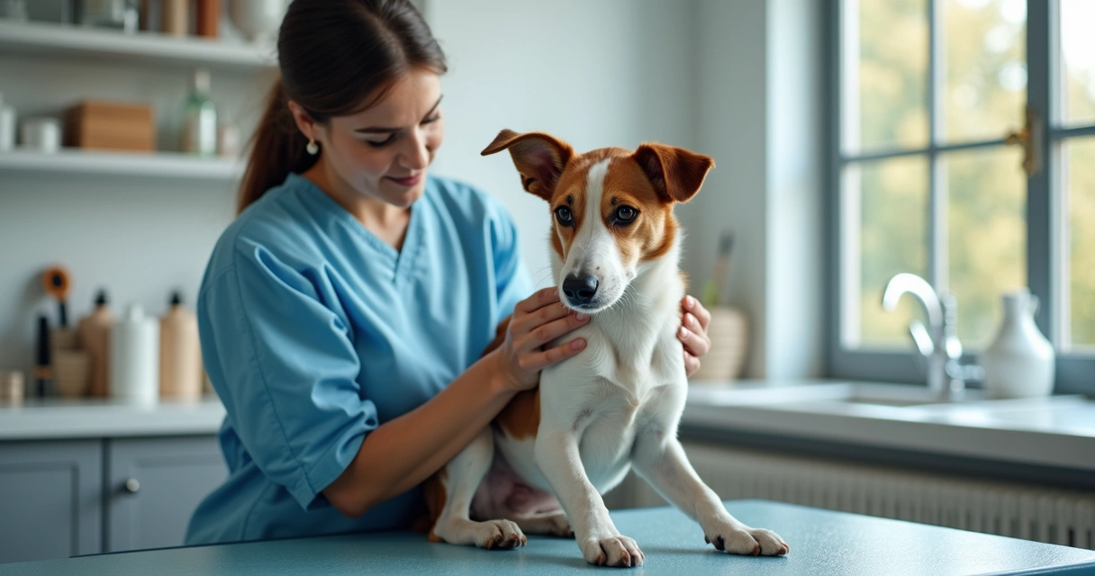 Dog being examined by a groomer in a bright grooming salon