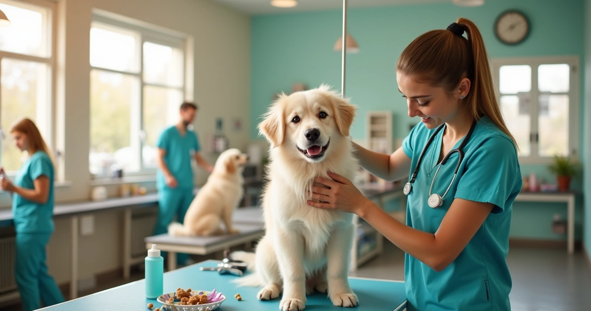 Dog being groomed in a pet daycare facility 