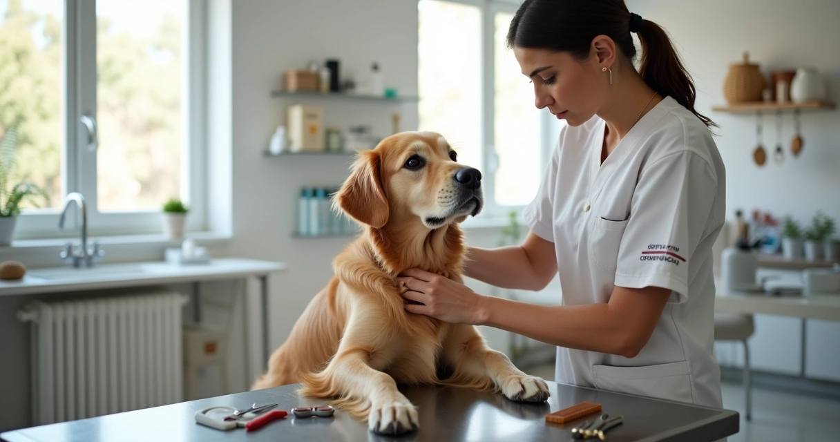 Professional groomer brushing a happy golden retriever in a bright grooming salon with grooming tools and clean environment 