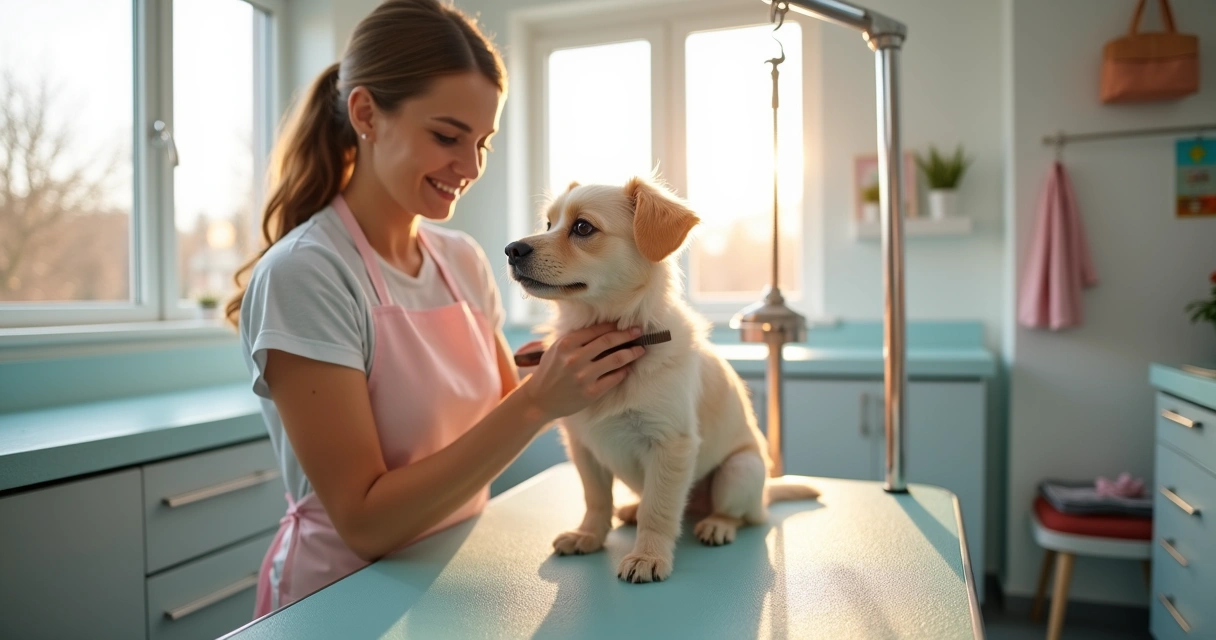 Dog being groomed on a table at a modern facility, dog groomer gently brushing its fur