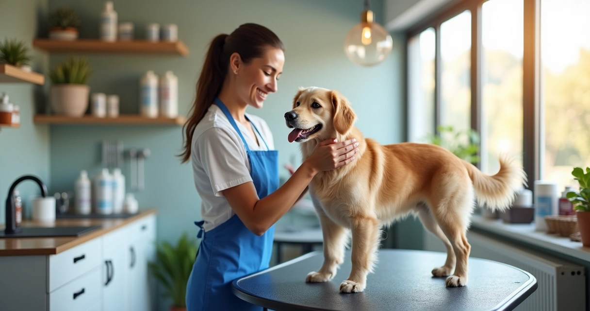 Dog being groomed by professional in a bright grooming salon