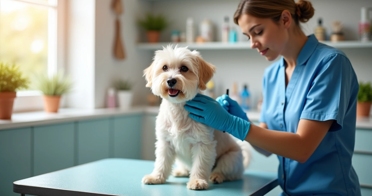 Small dog being gently groomed in a bright salon with professional equipment and a groomer wearing gloves