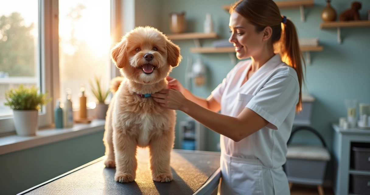 Dog being groomed by a professional in a clean facility