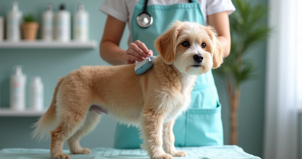 Dog receiving grooming treatment focusing on skin health with a professional groomer 