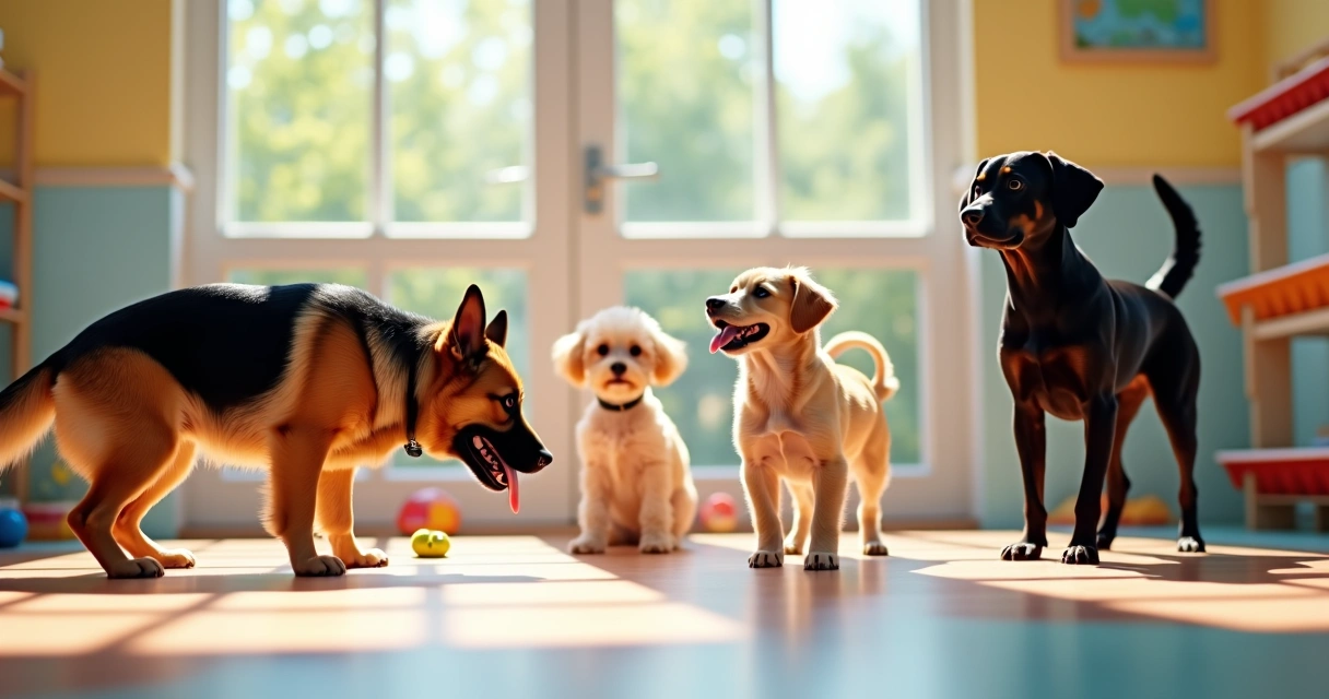 Several dogs interacting, showing varied body postures