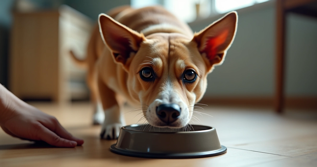Dog guarding food bowl with tense posture