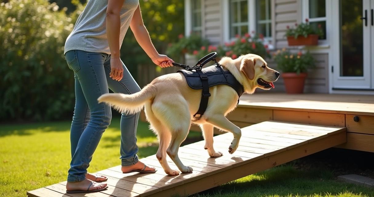 Large senior dog in a mobility harness being gently guided up a wooden ramp.