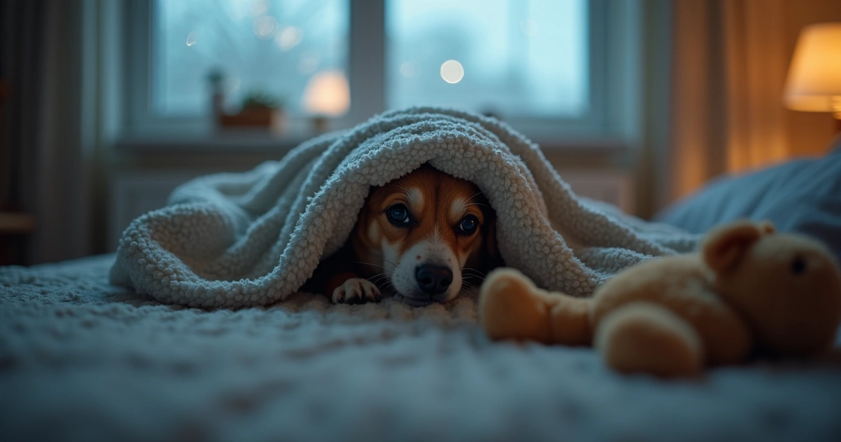Dog hiding under a bed during a thunderstorm