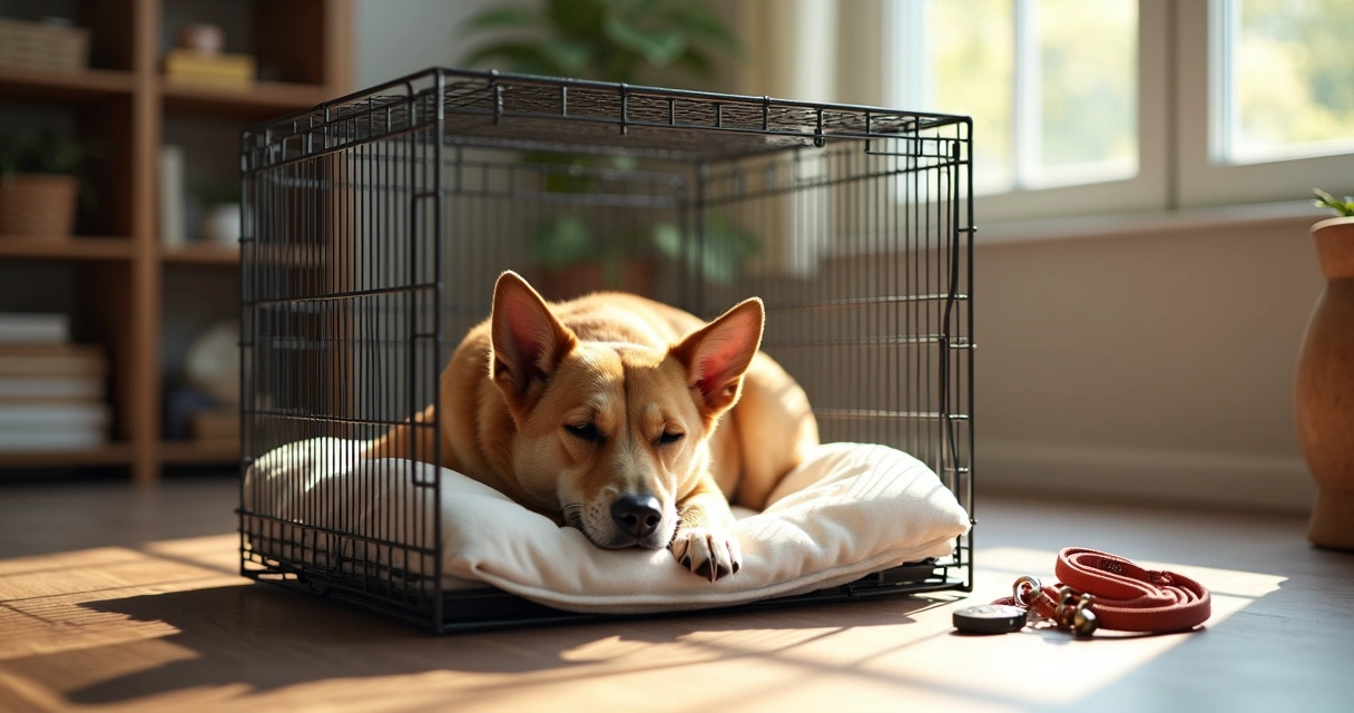 Dog resting calmly inside a comfortable crate with soft bedding 