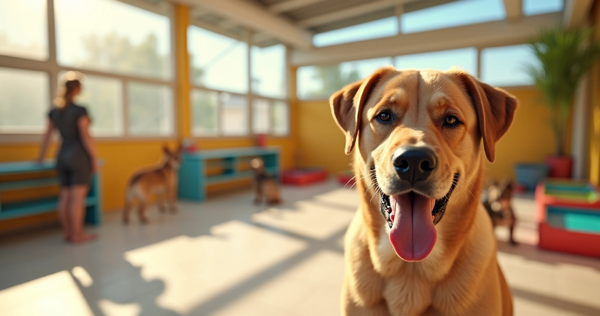 Dog panting in sunlit daycare play area