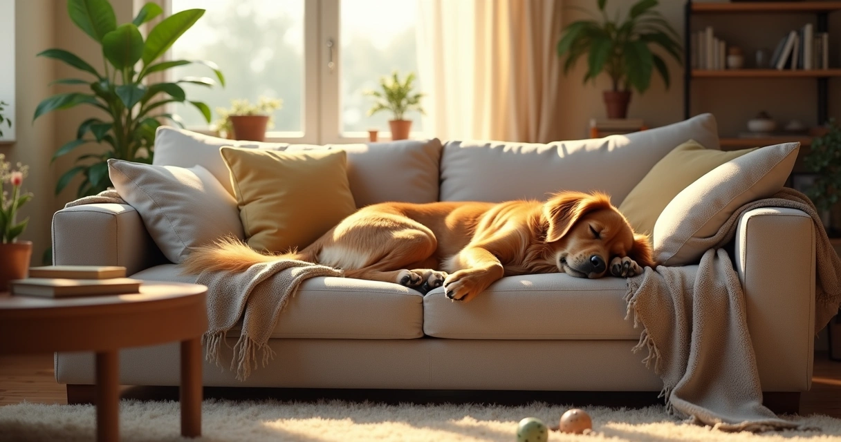 Dog sleeping on a sofa in a cozy home setting