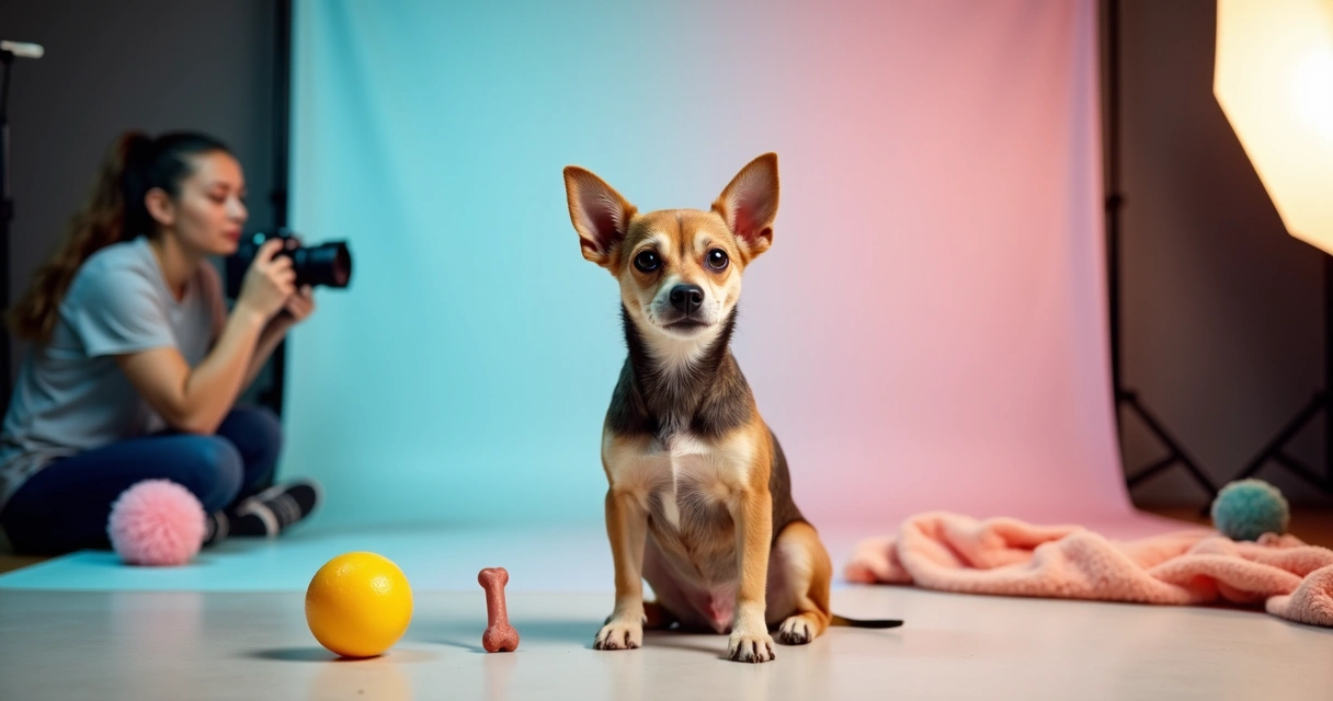 Small dog sitting in a photo studio with props