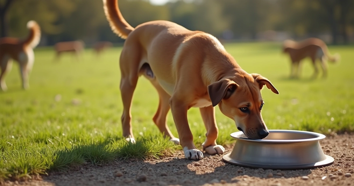 Dog limping near an empty water bowl at the edge of a dog park