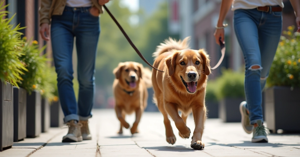 Dog owner holding leash, dog pulling forward on sidewalk