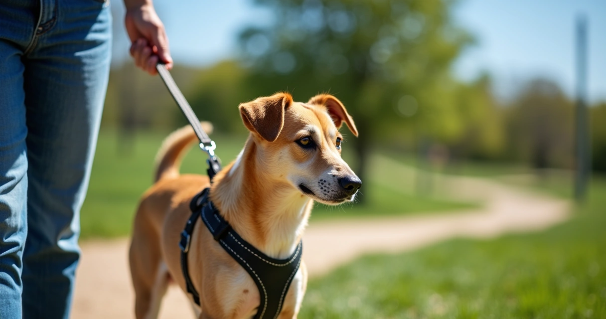 Person walking a medium-sized dog on a leash in a sunny outdoor park