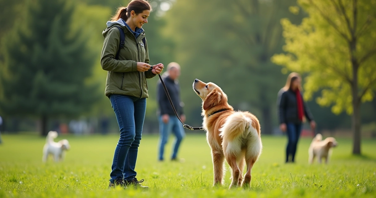 Trainer teaching a dog to walk on leash in a park 