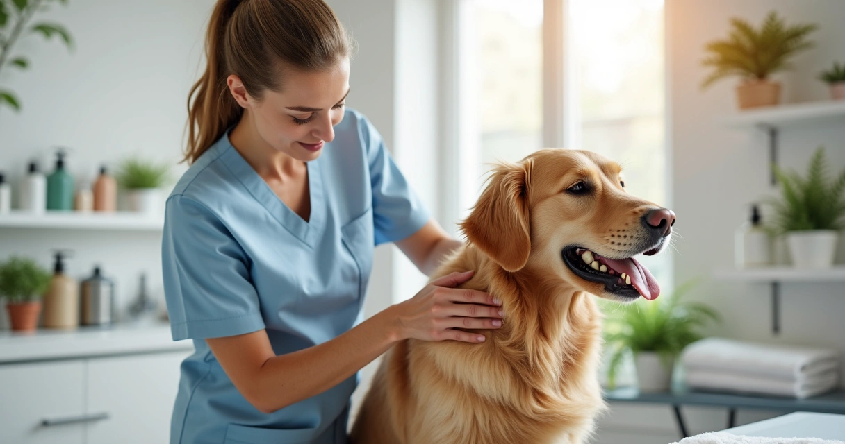 Groomer applying moisturizing treatment to a golden retriever's coat in a bright grooming salon 