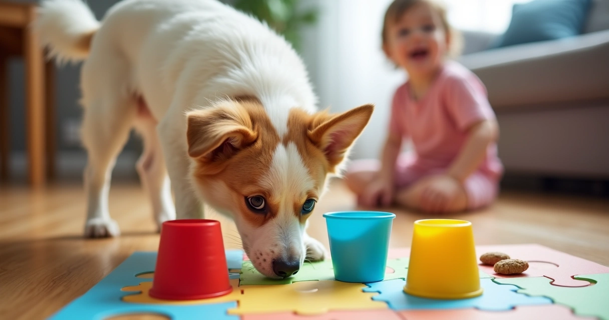 Dog searching under cups on puzzle mat