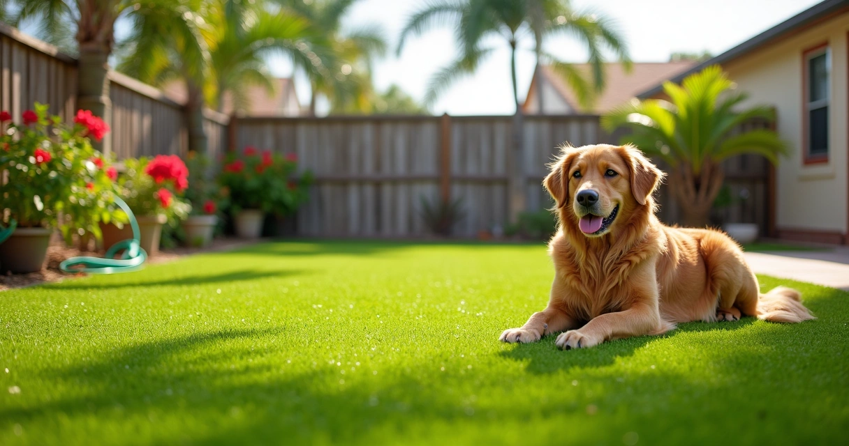 Dog lying on green artificial lawn area 