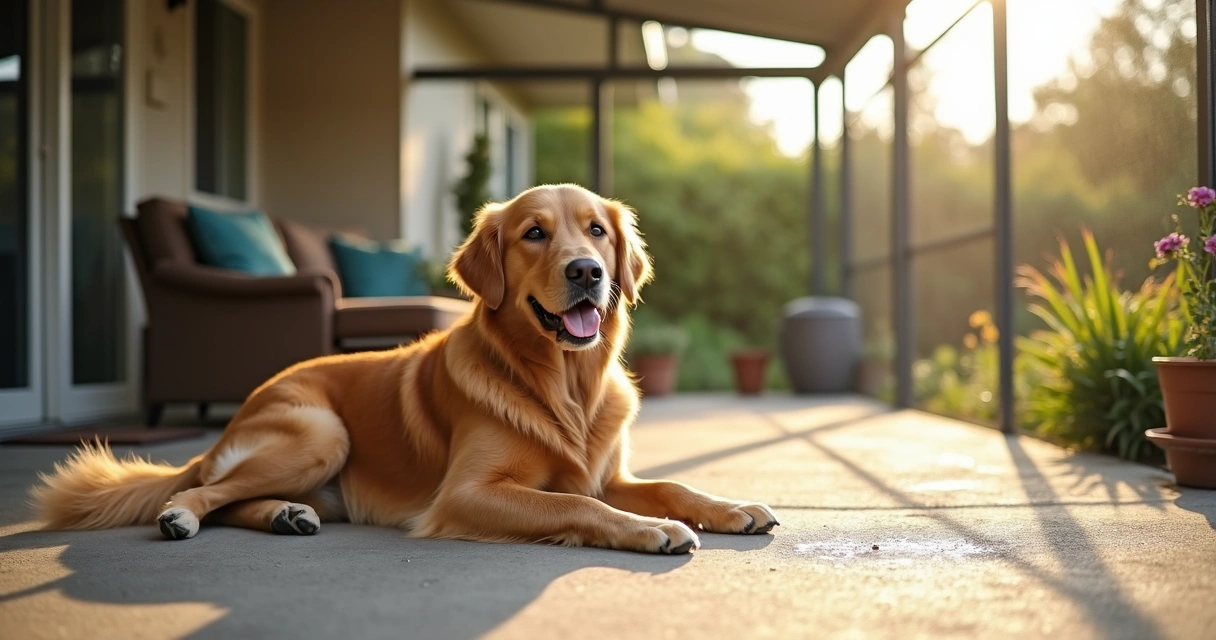 Dog resting on textured concrete patio 