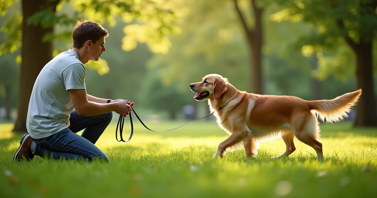 Dog owner calling a golden retriever to come outdoors in a sunny park 