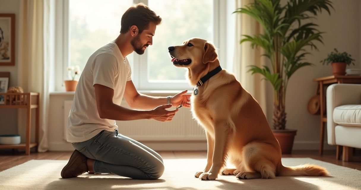 Dog owner examining collar and ID tag on a sitting golden retriever in a bright living room 