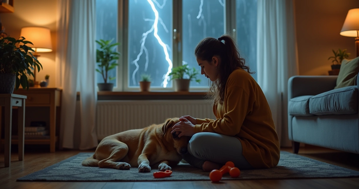 Dog owner comforting a dog by their side during heavy rain outside