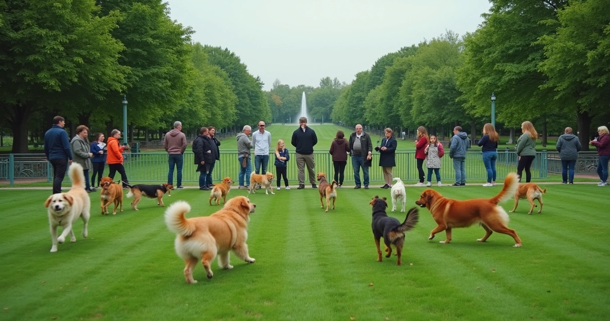 Dog owners watching dogs play in a green fenced park