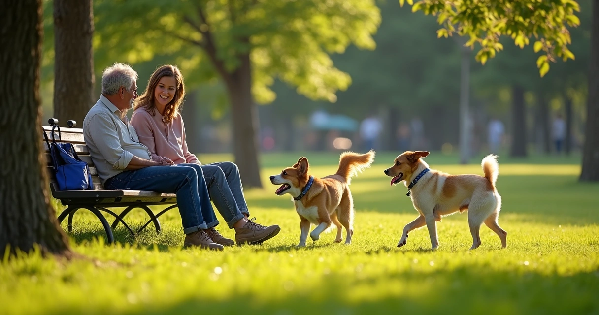 Dog park with couples talking while their dogs play