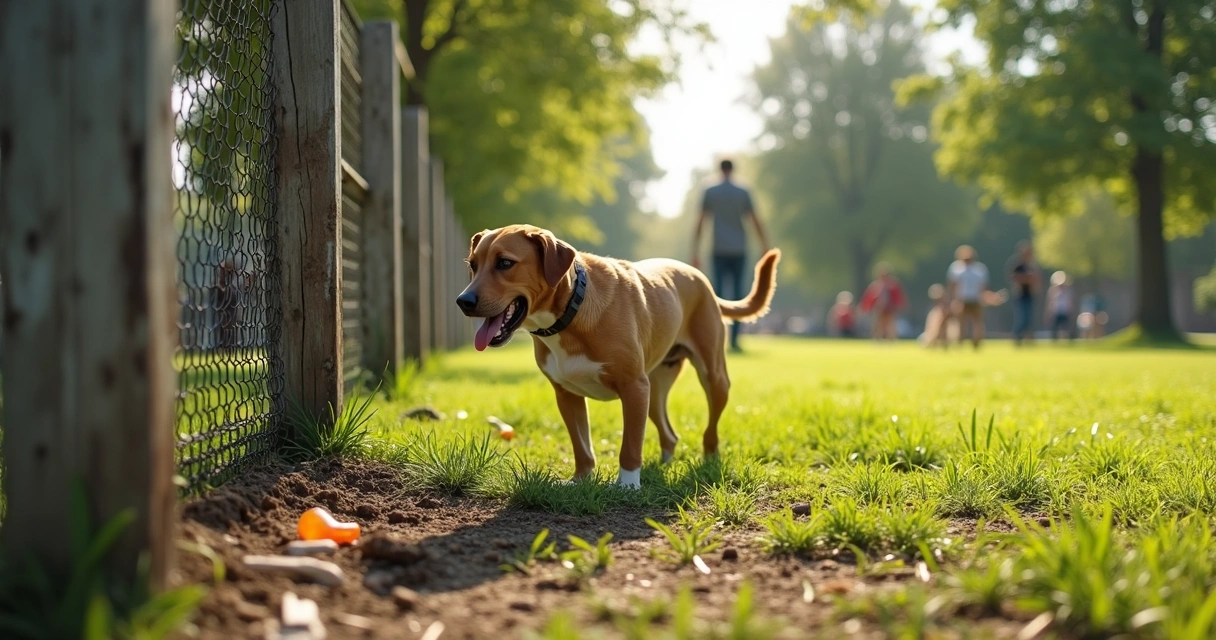 Dog in a busy park near broken fence and sharp objects on the ground