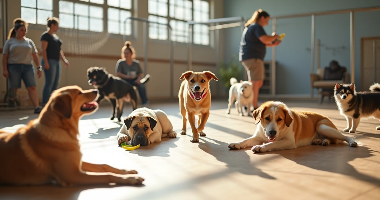 Dogs of different breeds and sizes playing together under staff supervision 