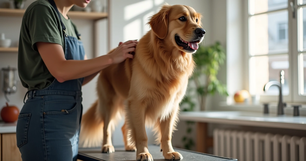 Golden retriever being brushed before a photo session