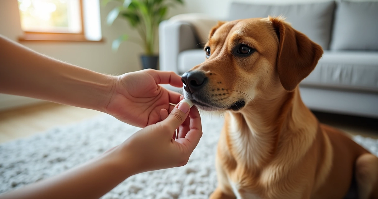 Hand placing a pill in a dog’s cheek pouch.