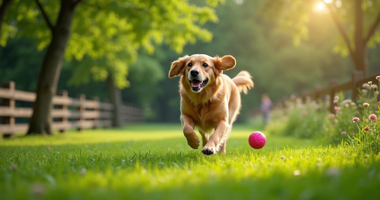 Adult golden retriever playing fetch with colorful ball in green park 