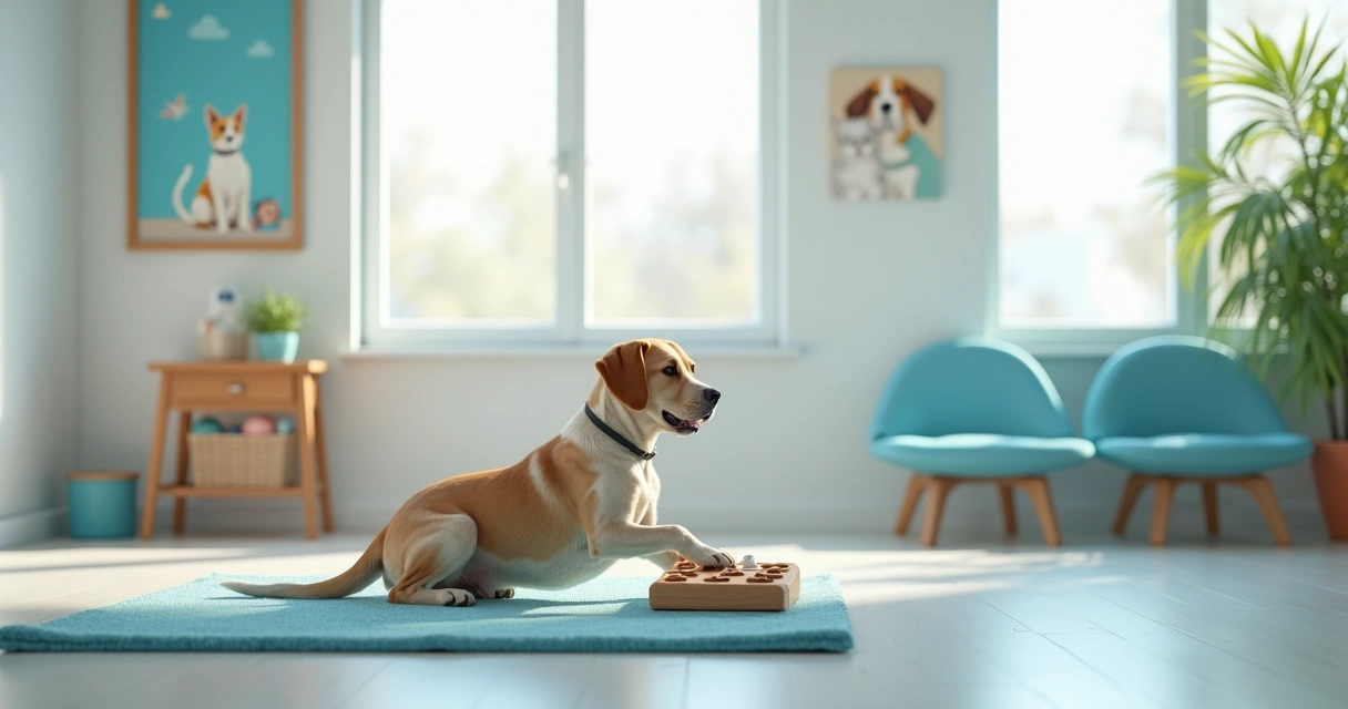 Dog interacting with a puzzle toy while waiting at the vet office