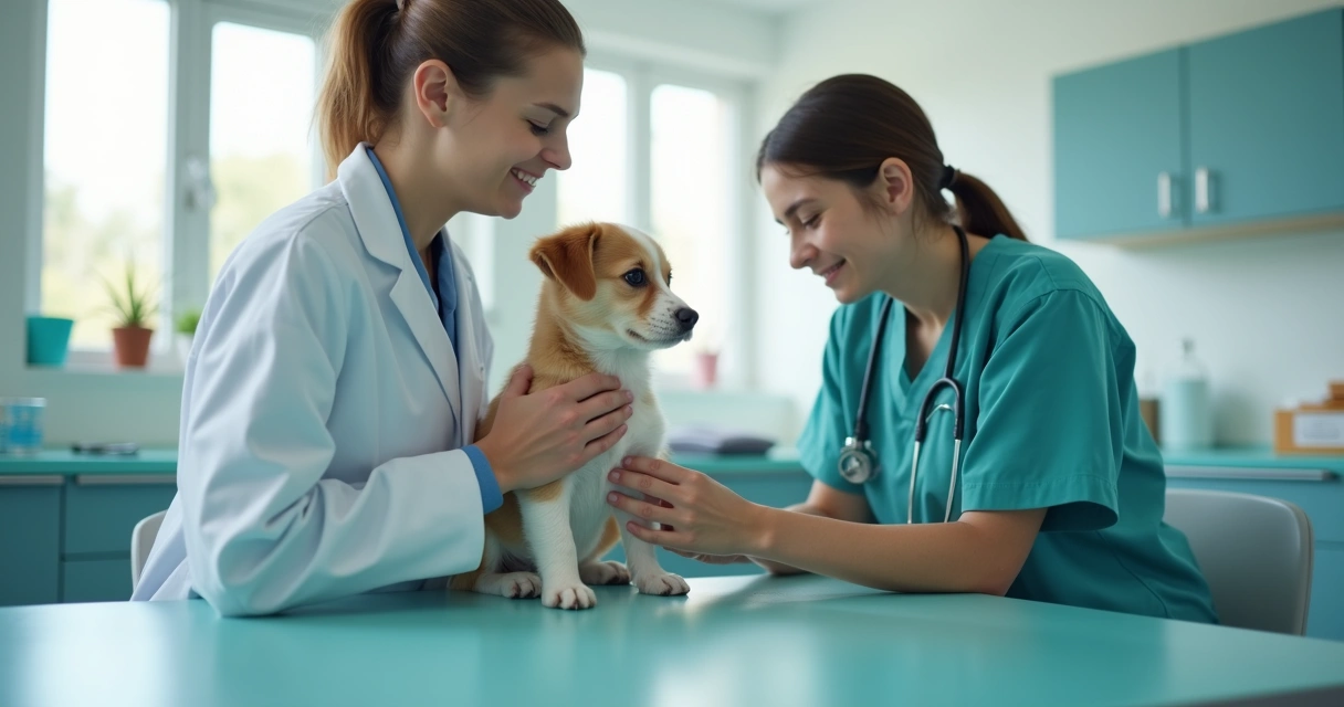 Veterinarian gently examining a small dog in a bright, clean pet clinic room 