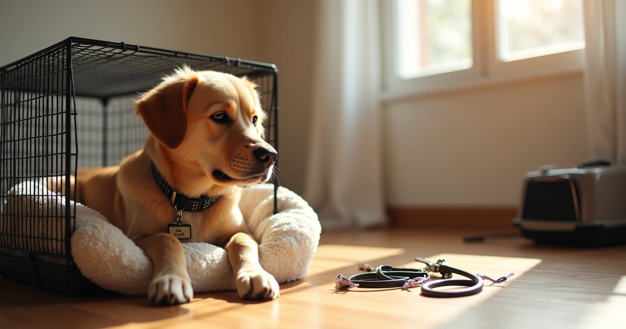 Dog calm and comfortable inside a crate with cozy bedding and a collar with ID tag