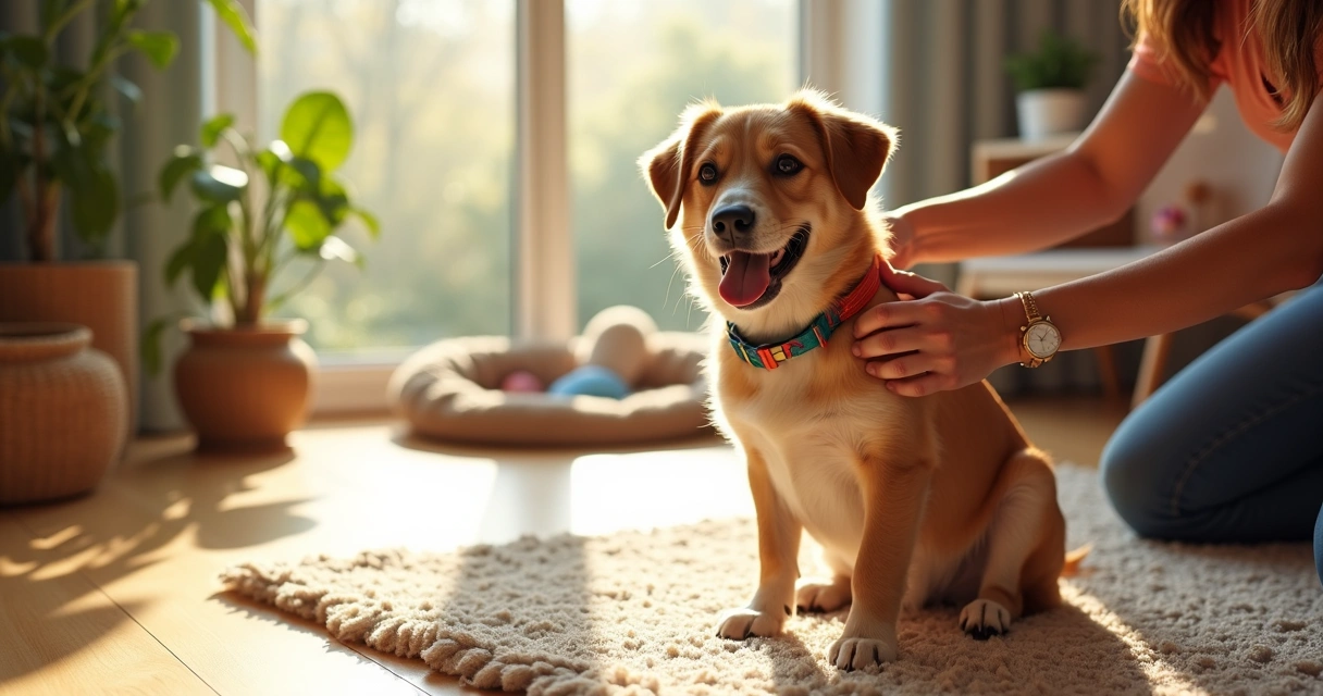 Owner putting a colorful collar on a happy dog in a bright living room ready for daycare 