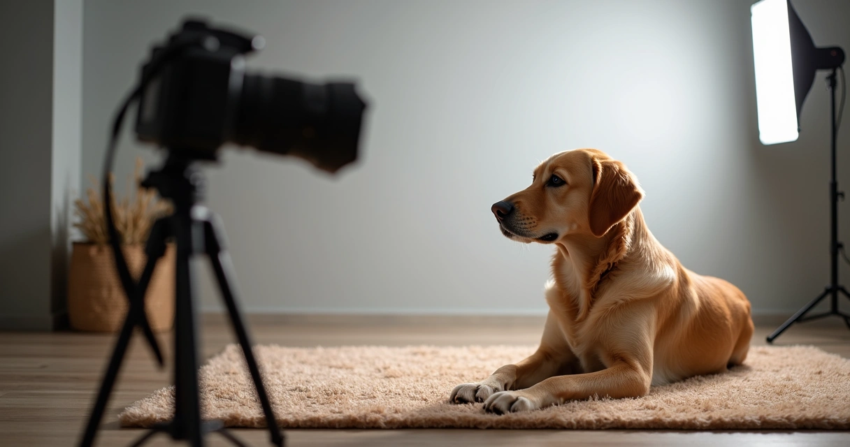 Golden retriever sitting on a cozy rug with a professional camera and softbox lights in a studio