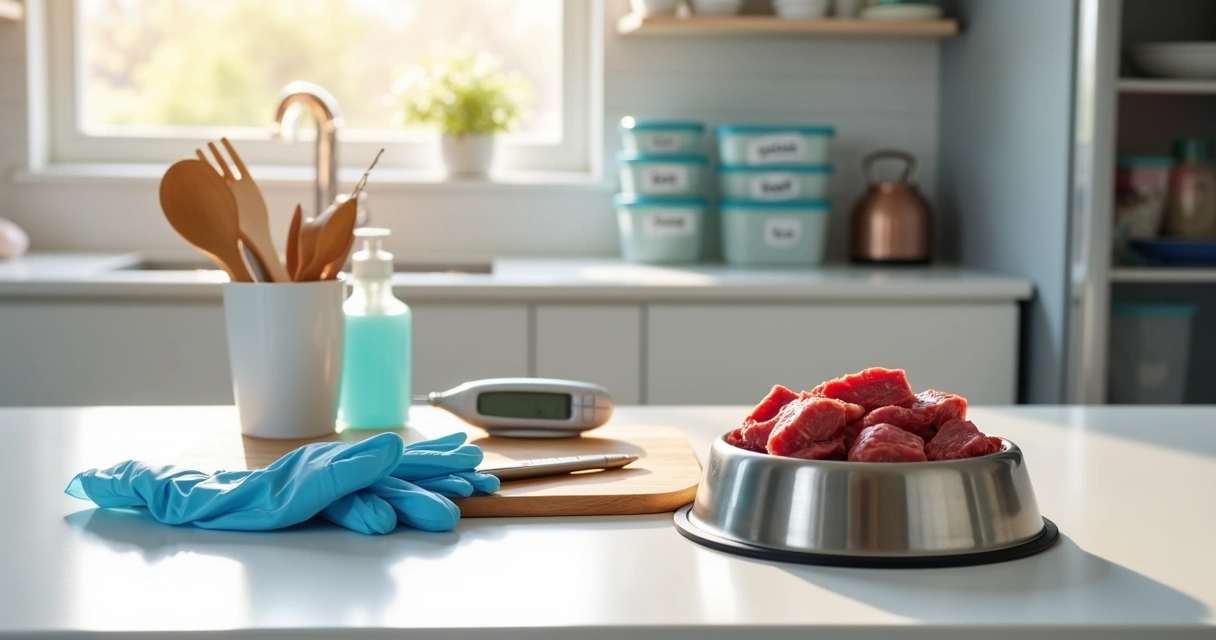 Dog bowl with raw meat on a clean kitchen counter