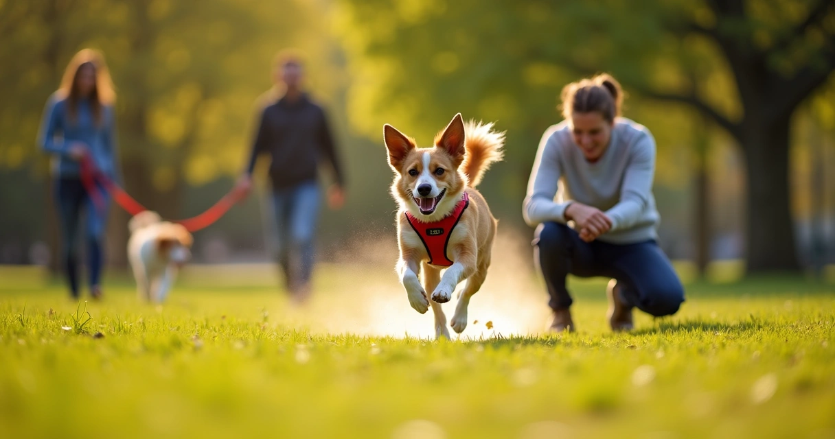 Dog running to owner in a park 