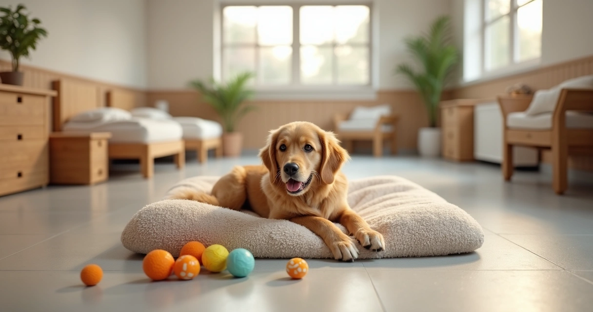Calm dog lying on cozy bedding inside a bright, clean boarding facility with playful dog toys and natural light 