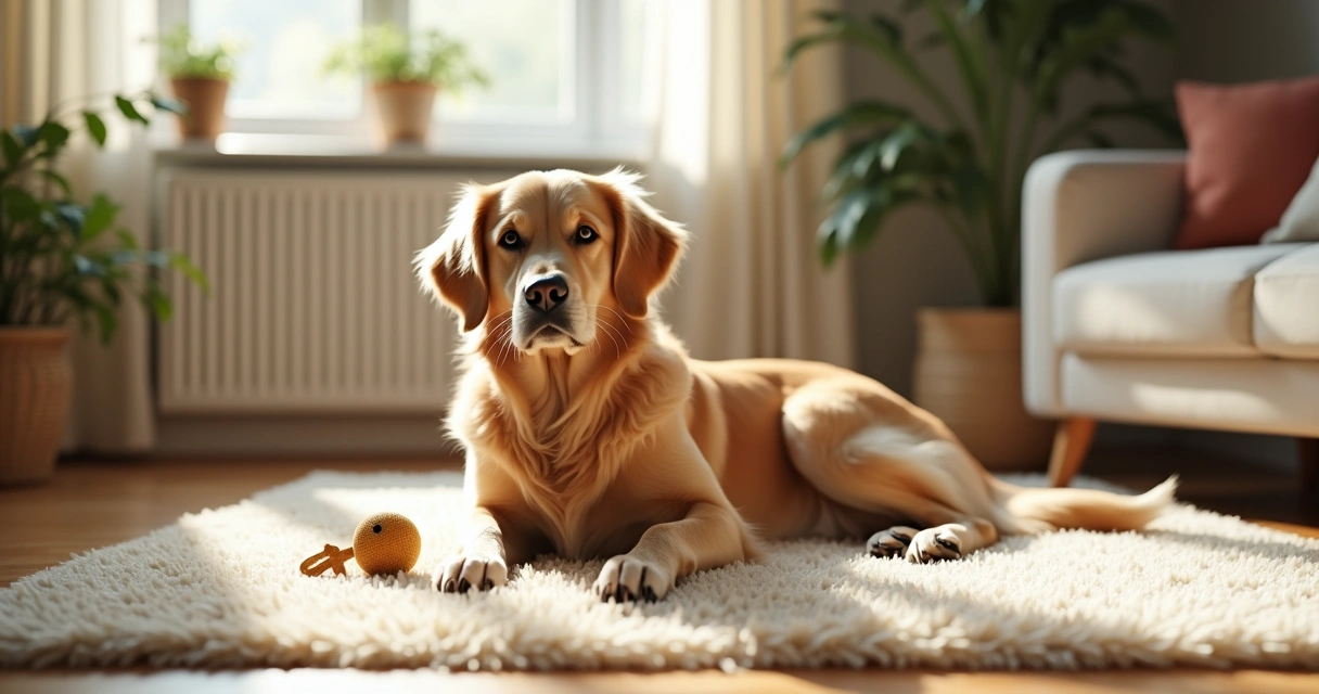 Dog lying on soft rug in a living room 
