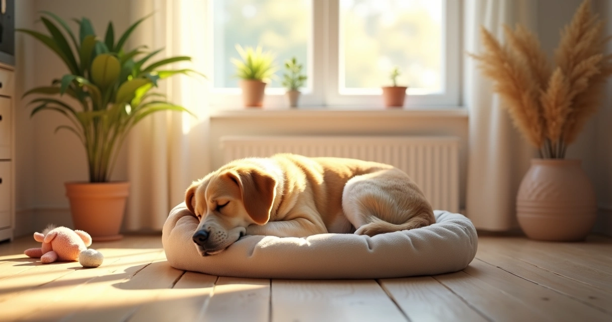High-energy dog resting peacefully on a cozy bed in a quiet room with soft lighting.