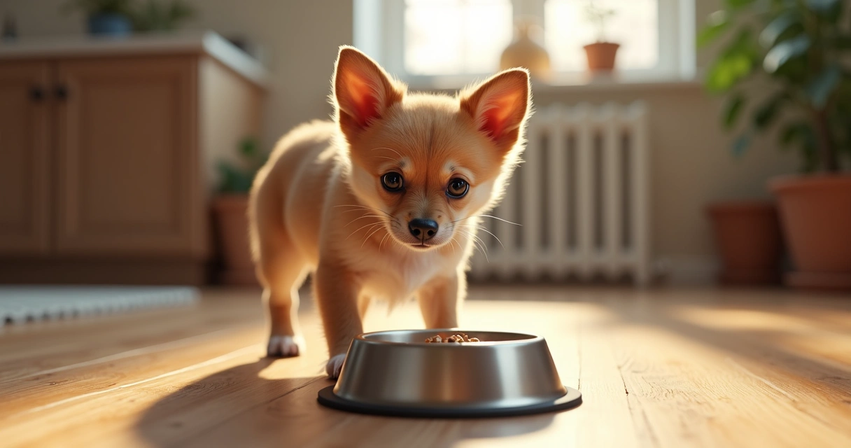 Small dog showing warning behavior near food bowl indoors