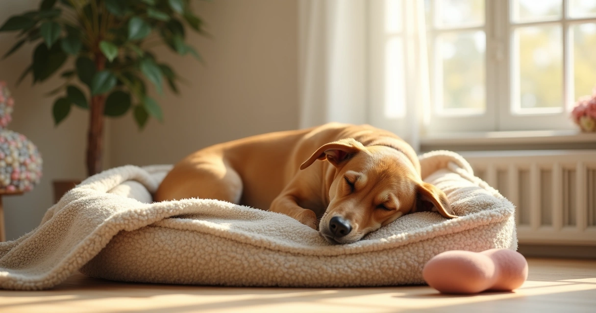 Tired dog resting comfortably on a clean indoor bed, daylight coming through a window